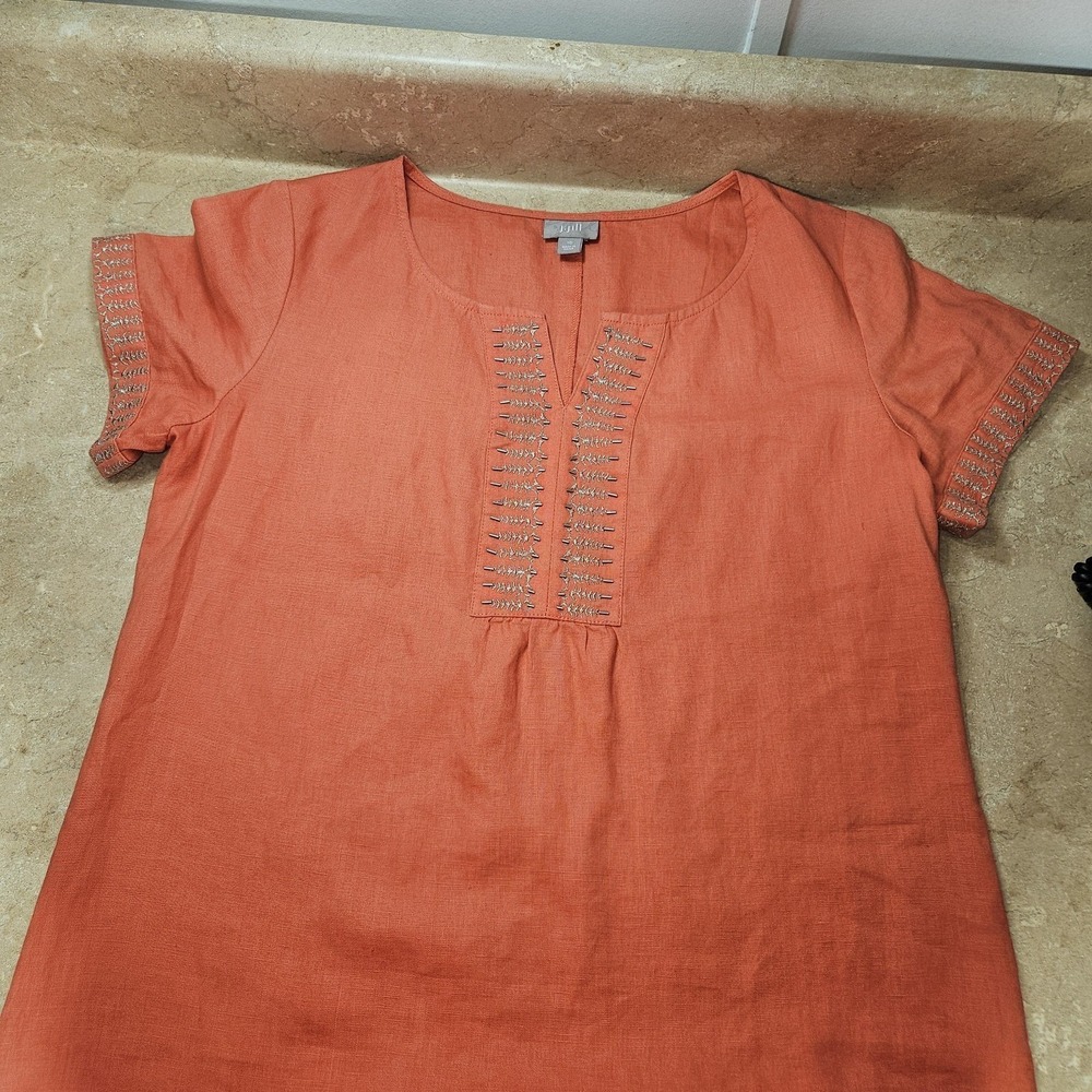 J Jill Dress Women 10 Orange Linen Embroidered Tunic Short Sleeve Boho Shift - Picture 4 of 11
